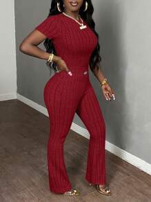 Slaydiva 2pcs Solid Color Knit Casual Set - Burgundy - View 3