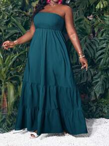 Slaydiva 大码女式度假休闲纯色编织无袖连衣裙，夏季 - 墨綠色 - 查看 1