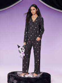 HELLO KITTY AND FRIENDS | SHEIN Women's Cartoon Kuromi & Letter Print Lapel Collar Long Sleeve Blouse And Pants Pajamas Set - Black - View 4