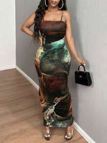 SHEIN SXY 优雅性感修身长款大理石印花吊带连衣裙返校节连衣裙，夏季连衣裙 春季服装 - 彩色 - 查看 3