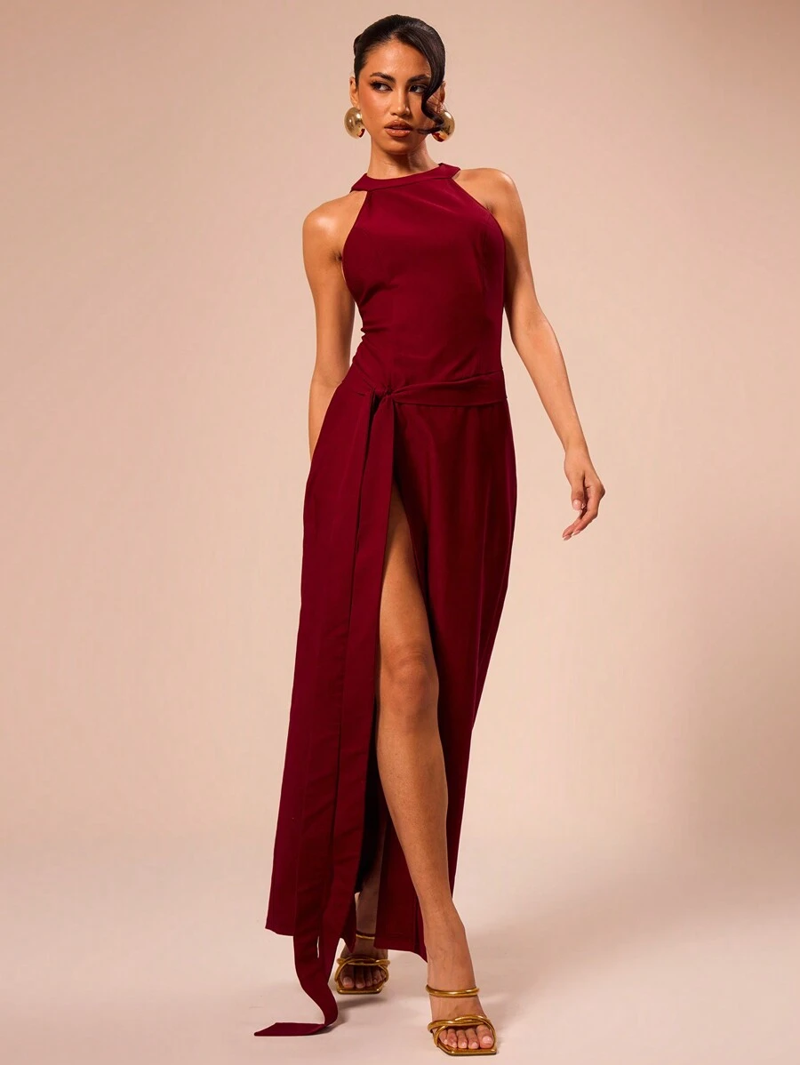MUSERA Halter Neck Maxi Dress With Side Split Party Birthday Elegant Spring Summer Vacation Party Wedding Guest Elegant Summer Long Dress Graduation Prom - Burgundy - View 1