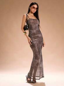 SHEIN SXY Women's Sleeveless Bodycon Maxi Fish Tail Dress Fall Winter Women Clothing - Green - View 3