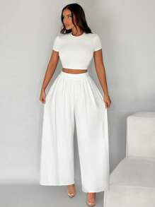 SHEIN SXY Women's Summer Casual Solid Color Slim Fit Cropped T-Shirt And Wide-Leg Pants Set - White - View 5