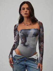 Aloruh Damen neu eingetroffener sexy, Bodysuit mit Blume Muster, hohem Kragen und enganliegender Form für Büro und Lässig, Herbst-Winter