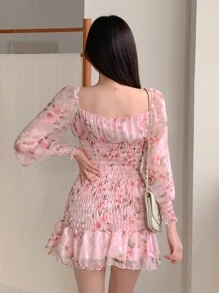 DAZY Women Sweetheart Collar Tie Front Long Sleeve Ruffle Floral Allover Print Short Dress,Milkmaid Dress Sundress,Mini Dress