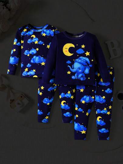 SHEIN 4pcs Baby Boy Snug Fit Star, Moon & Elephant Pattern Knit Long Sleeve Shirt & Long Pants Comfortable Pajama Set