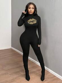 SHEIN SXY Women Lip Print Stand Collar Long Sleeve Jumpsuit