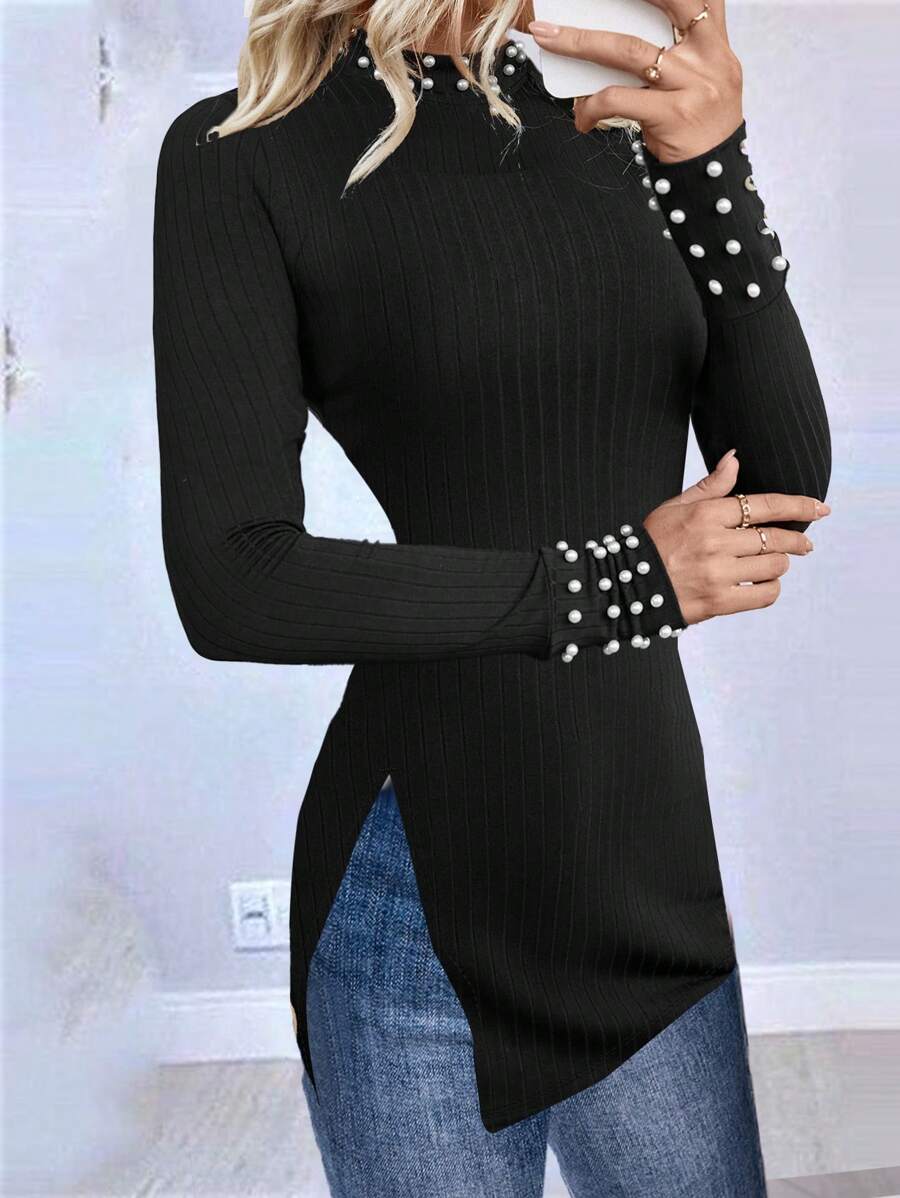 SHEIN LUNE Damen Herbst/Winter schmal geschnittenes Langarm Rollkragen T-Shirt mit Perlen Verzierung - Schwarz - Übersicht 1
