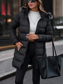Faux Fur Hoodie Zip Up Pocket Detailed Warm Feel Long Winter Coat - Black - View 8