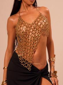 MUSERA 性感链条风不对称露背上衣，适合度假、伊比沙岛海滩、波西米亚风情派对、俱乐部、性感音乐节、锐舞派对、夜店、外出、俱乐部派对等场合，优雅春夏风格 - 金色 - 查看 5