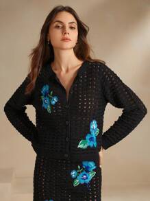 Anewsta Spring & Autumn Handmade Floral Embroidered Hollow Out Knitted Cardigan - Black - View 7