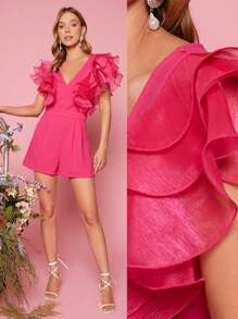 Enchnt Solid Layered Sleeve Romper - Hot Pink - View 1