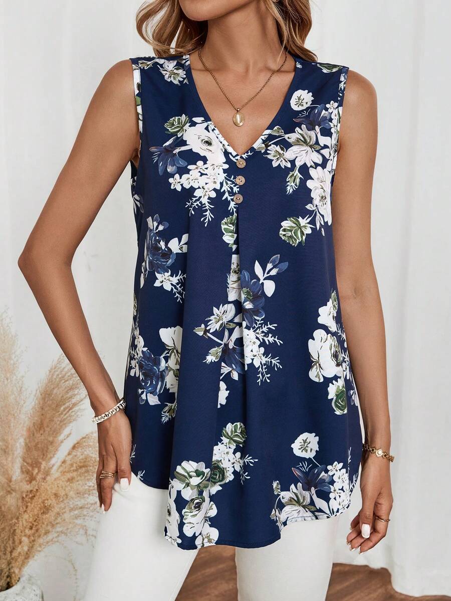 EMERY ROSE Women's Summer Casual Button Decor Asymmetric Hem Floral Print Camisole Shirt - Navy Blue - View 1