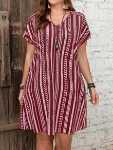 EMERY ROSE Plus Size Summer Striped Dress - Burgundy - View 3
