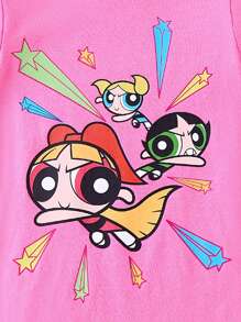 THE POWERPUFF GIRLS X SHEIN 女婴卡通图案粉色短袖生菜边 T 恤连衣裙，夏季 - 粉色 - 查看 3