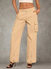 SHEIN BAE Jeans casuales rectos de moda de calle con diseño de bolsillo con botón para mujeres - Albaricoque - Ver 1