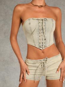 SHEIN BAE Women Plain Casual Bandeau Top And Denim Shorts 2pcs Set - Blue - View 7