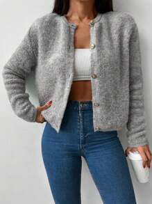 EURMUSE Button Front Fluffy Knit Cardigan - Grey - View 1