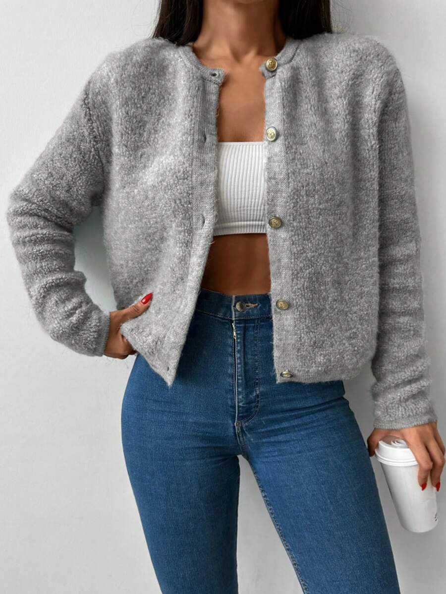 EURMUSE Button Front Fluffy Knit Cardigan - Grey - View 1