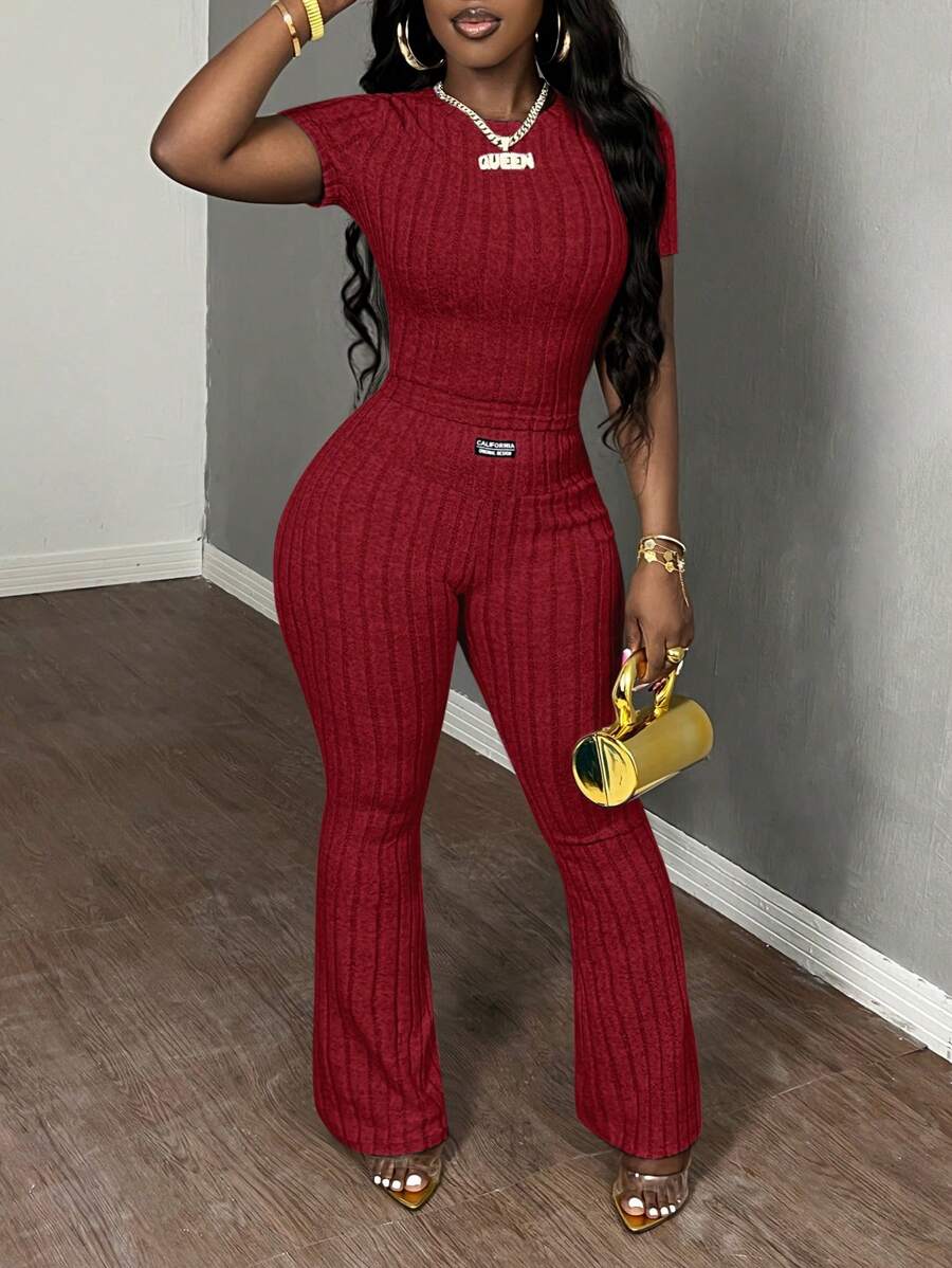 Slaydiva 2pcs Solid Color Knit Casual Set - Burgundy - View 1