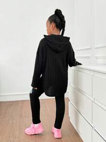 SHEIN Leap Crew 2 件套 Tween Girls 宽松花卉刺绣连帽衫和阔腿运动裤套装 - 黑色 - 查看 2