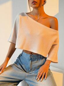 SHEIN EZwear Camiseta holgada de mujer con mangas de murciélago, cuello asimétrico, recortada y de costillas, informal