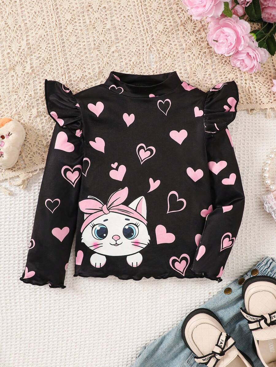 适合年轻女孩的针织爱心和可爱猫咪图案修身休闲 T 恤 - 彩色 - 查看 1