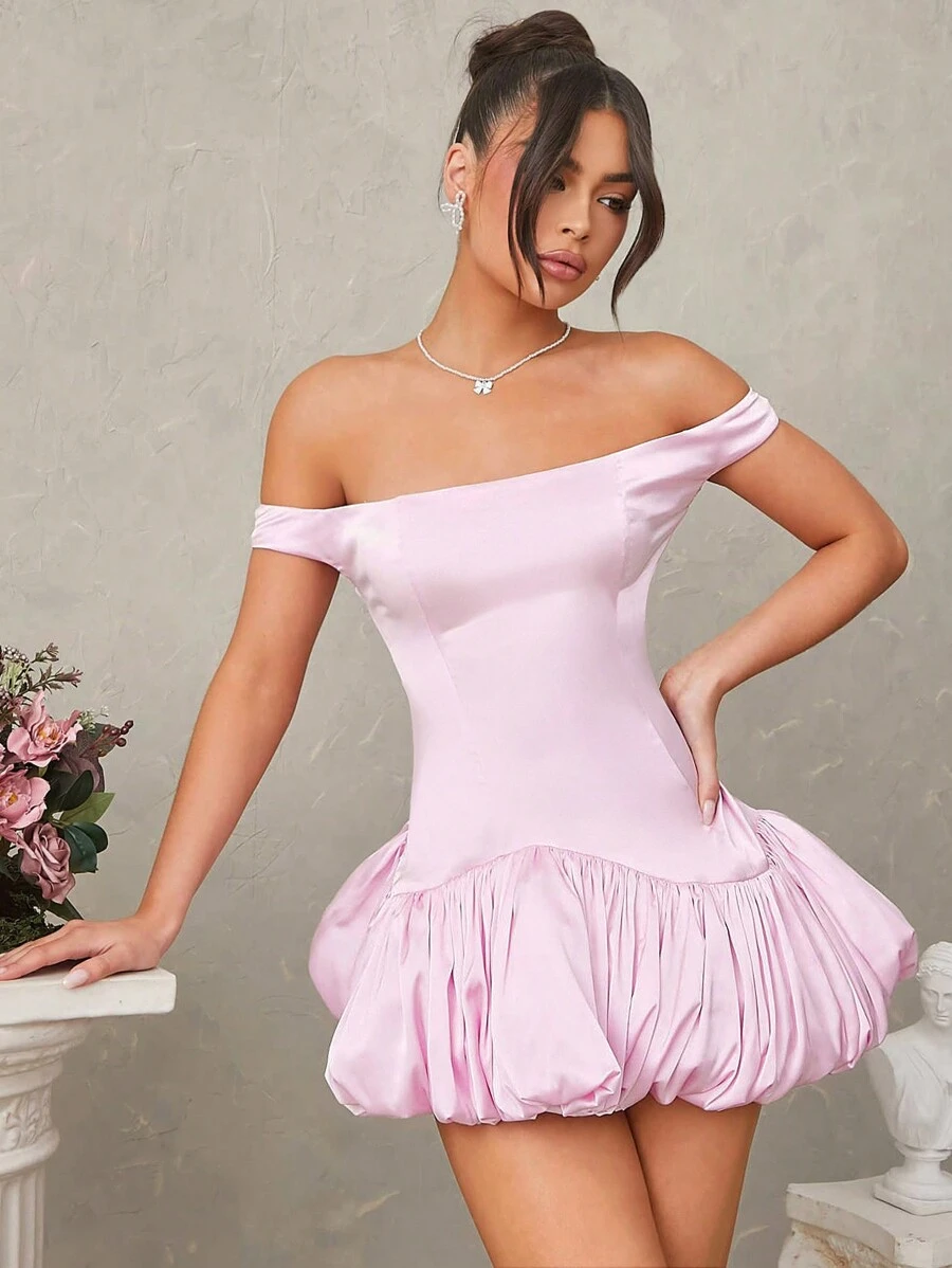 SHEIN Unity Elegant Solid Off Shoulder Bubble Hem Mini Dress - Baby Pink - View 1