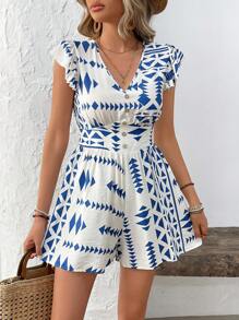 Breezaya V-Neck Geometric Printed Jumpsuit With Flutter Sleeves For Women