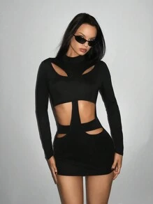 EgrlEra 女士性感纯色镂空紧身迷你连衣裙，夏季 Y2K 服装俱乐部服装假日女士连衣裙 - 黑色 - 查看 5