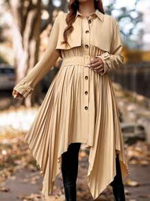 Celure Plus Size Casual Lace-Up Waist Asymmetrical Hem Long Trench Coat Fall Cloth For Women