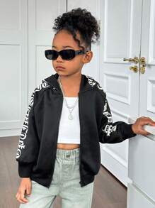 Young Girl Casual Letter Graphic Zip Up Raglan Sleeve Sweatshirt - Black - View 4