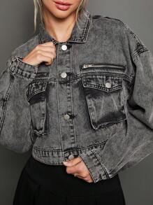 WESTFADE Premium Cotton Denim Cropped Casual Fall Cargo Jacket - Black - View 8