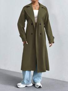 SHEIN Unity 女士春秋纯色翻领双排扣长袖休闲宽松长款风衣 - 軍綠色 - 查看 3