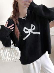 DAZY Crew Neck Langarm Schleifenmuster Pullover für den Lässig Alltag, Herbstkleidung - Schwarz - Übersicht 6
