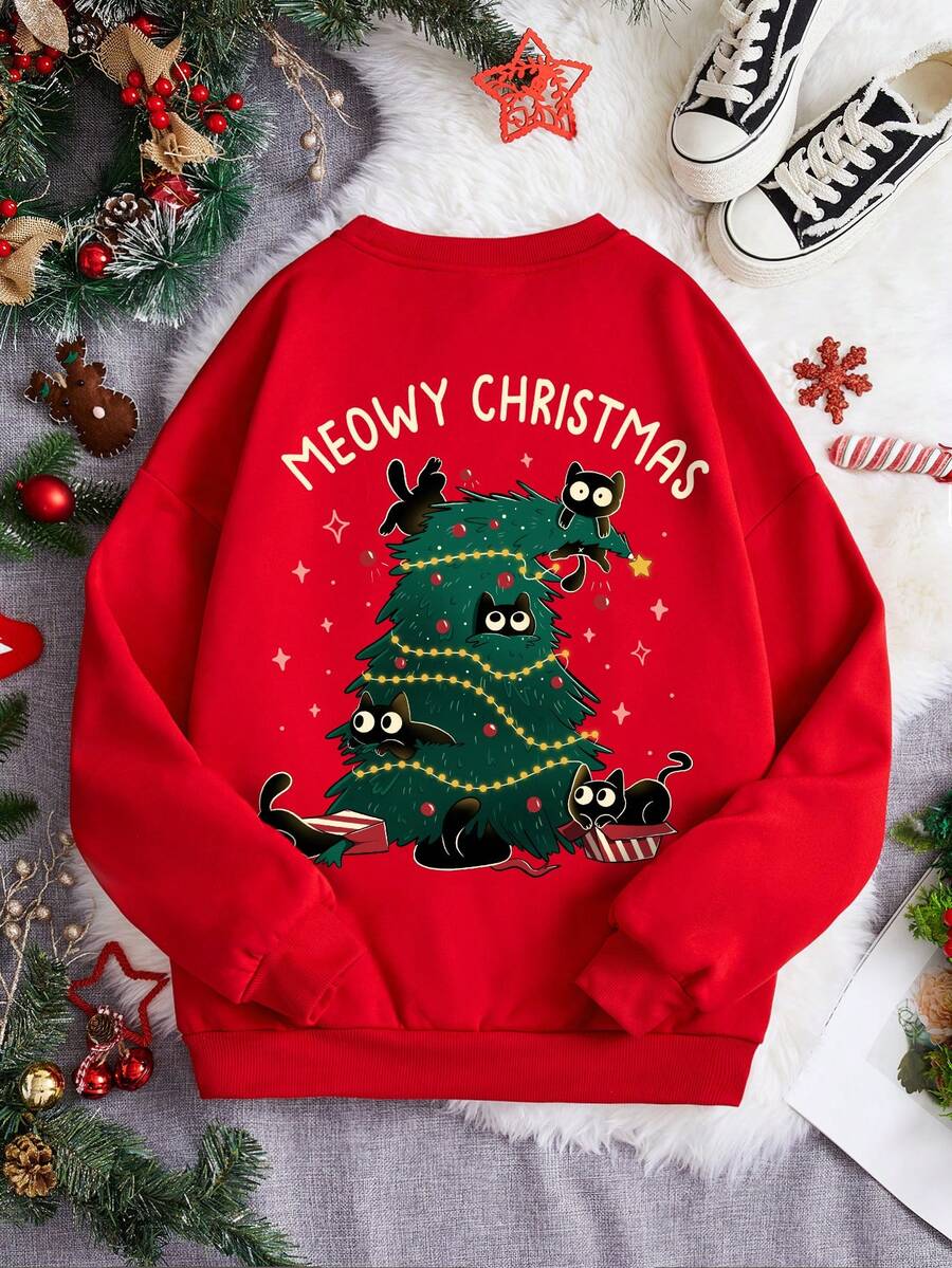 Tobefonseca 艺术家 Y2K、街头服饰、休闲、圣诞树、猫、圣诞节、休闲简约图案印花宽松圆领女士运动衫、红色秋季女士上衣、适合秋冬季、节日、度假、新年、春季、节日 - 紅色 - 查看 1