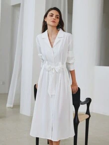 EMERY ROSE 优雅立领系腰修身百搭衬衫裙，春秋 - 白色 - 查看 1