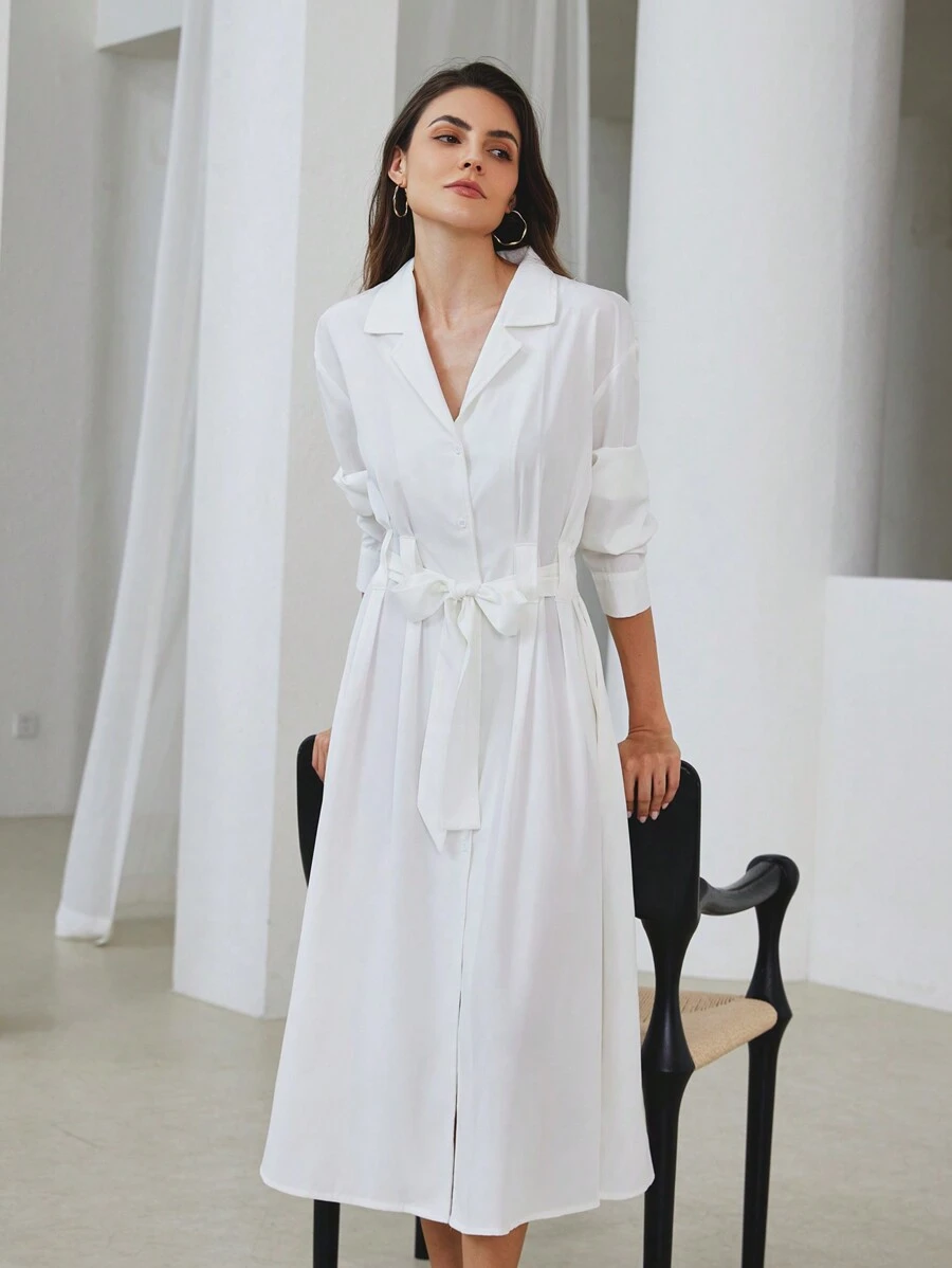 EMERY ROSE 优雅立领系腰修身百搭衬衫裙，春秋 - 白色 - 查看 1
