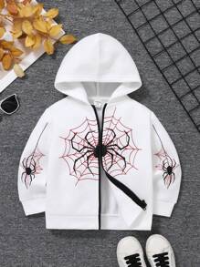 SHEIN Young Boy Casual Spider Print Loose Fit Hooded Sweatshirt, Thermal Lined, Autumn & Winter