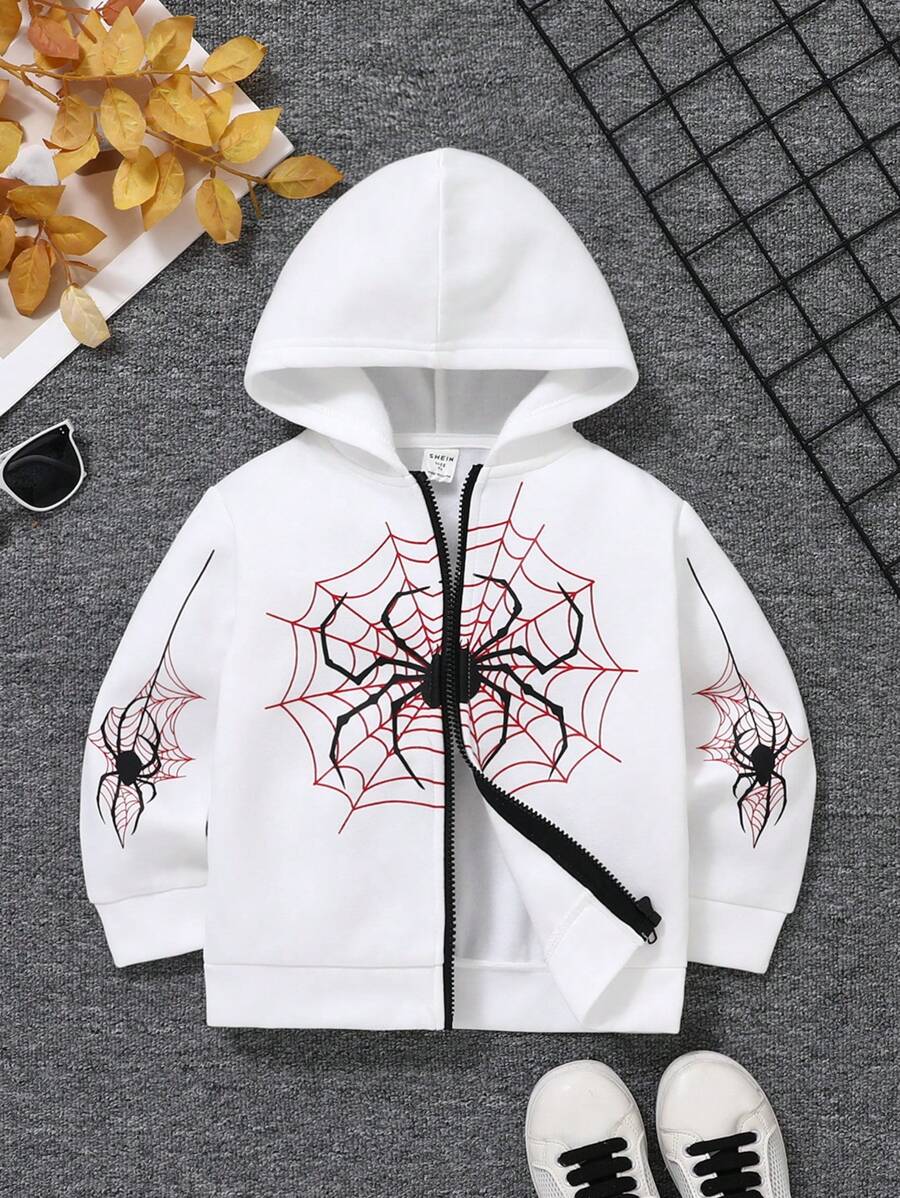 SHEIN Young Boy Casual Spider Print Loose Fit Hooded Sweatshirt, Thermal Lined, Autumn & Winter