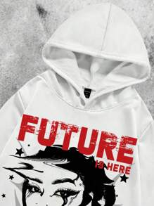Manfinity Roghcode Men's Loose Street-Style Retro High Street Creative Liquid Messy Red Text Large Pattern White Long Sleeve Vintage Urban Hooded Sweatshirt, Men Graphic Hoodie, White Hoodie, Future Is Here Hoodie - White - View 4
