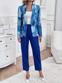 SHEIN Clasi Traje de oficina elegante compuesto por chaqueta blazer y pantalones con estampado de patchwork, decoración de botones metálicos para dama en primavera y otoño - Azul - Ver 4