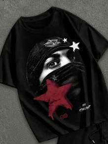 Manfinity LEGND 2pcs Plus Size Men's Casual Letter & Figure Graphic Crew Neck Short Sleeve Tee And Drawstring Waist Shorts Set - Black - View 4