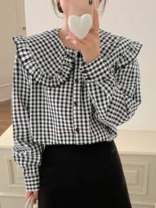 DAZY Women's Peter Pan Collar Ruffle Plaid Loose Shirt,Fall Clothes - Black and White - View 8