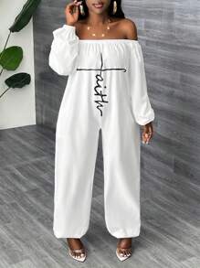 Slaydiva Mono con hombros descubiertos con texto en inglés para mujeres - Blanco - Ver 6