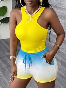 Slaydiva 2 cái/bộ Áo ba lỗ và quần short màu ombre thông thường dành cho nữ - Nhiều màu - Xem 5