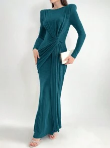 Modelyn 女士优雅纯色垫肩褶皱腰连衣裙，春秋长款晚礼服