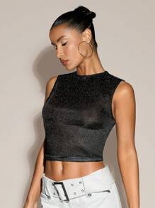 SHEIN BAE 银色金属透明夏季性感女士黑色短款上衣，适合外出、晚间约会 - 黑色 - 查看 6