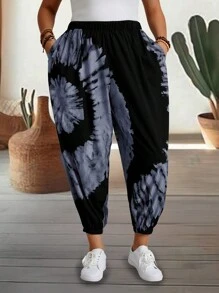 EMERY ROSE Plus Size Summer Countryside Printed Daily Casual Tapered Leg Pants Spring Country Style For Vacation Fall - Blue - View 1