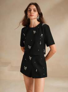 Anewsta 2 件套优雅串珠装饰短袖短裤夏季服装 - 黑色 - 查看 6